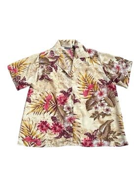 Street Fever Button Up Camp Shirt Womens Plus Size 2X Floral Tropical Beige Pink